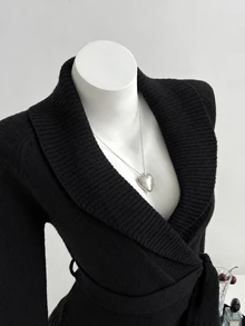 Elamini Sexy Style Deep Brown Oversized Collar Cross Waist Tie Women's Sweater - Black - View 5