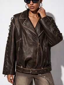 Aveloria GENKIRA Women's Solid Color PU Leather Fashion Versatile Daily Commute Long Sleeve Jacket - Brown - View 8