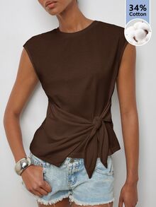 Maija Women's Solid Color Pleated Casual Daily T-Shirt - Brown - View 6