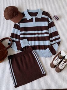 Comfortcana Women's Striped Long Sleeve Polo Collar Sweater And Knitted Skirt 2 Pieces Set - Multicolor - View 7