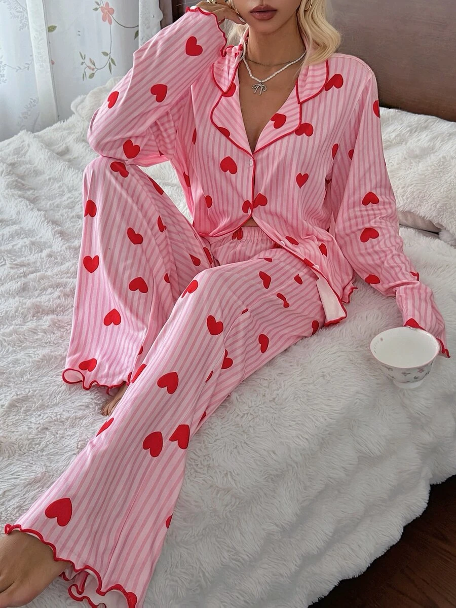 SHEIN 甜美條紋韓系愛心印花女款長袖長褲睡衣居家服 - 粉色 - 查看 1