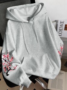 Resyla 女款灰色連帽衛衣，日式櫻花與字母圖案套頭帽衫，背面與袖子印花，休閒街頭風運動衫 - 淺灰色 - 查看 2