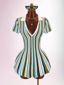 Amplova Colorblock Striped Polo Collar Cinched Waist A-Line Knit Mini Dress - Multicolor - View 5