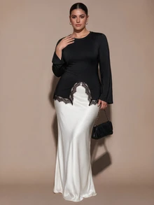 SHEIN BAE CURVE 大尺碼女款蕾絲拼接休閒日常長袖上衣 - 黑色 - 查看 8