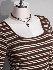 SHEIN ICON 大尺碼彩色條紋露背喇叭袖針織洋裝 - 咖啡棕 - 查看 6