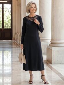 EMERY ROSE Elegant Contrast Lace Round Neck Long Sleeve Dress For Middle-Aged And Elderly Women - Black - View 3