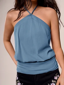 Willow Rêve Women's Purple Knitted Spaghetti Strap Strap Top, Casual Vacation Style - Blue - View 9