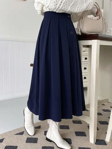 DAZY Autumn/Winter High Waist Navy Blue Button Decor Pleated A-Line Umbrella Skirt Elegant Sweet Commute Daily Women's Skirt - Navy Blue - View 5