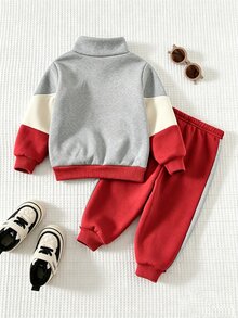 Cozy Pixies 兒童小男孩拼色圓領長袖套頭上衣 秋冬款 & 鬆緊腰長褲 2件套 - 彩色 - 查看 2