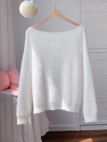 Comfortcana Women's Sweet Cartoon Rabbit Print Off-Shoulder Knit Top - White - View 2