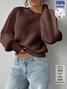 SHEIN BASICS 女款純色圓領長袖休閒寬鬆百搭針織衫 - 咖啡棕 - 查看 4