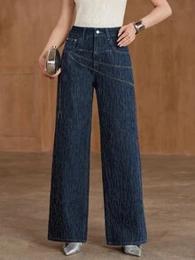 Anewsta Women's Loose Wide Leg Casual Denim Jeans With Pocket And Rhinestone - Dark Wash - View 5