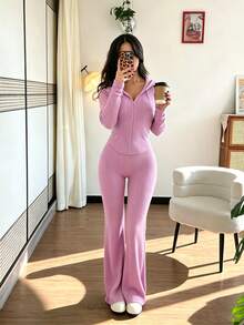 SHEIN Raffinéa 女款休閒時尚日常百搭連帽衛衣，收腰設計附口袋，搭配喇叭羅紋針織長褲，2件套，秋冬款 - 紫丁香色 - 查看 4