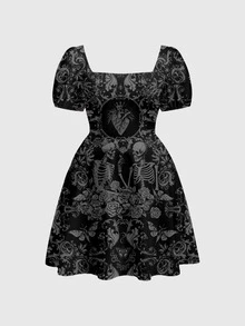 ROMWE Grunge Punk Skull Forest Gothic Court Dark Style Plus Size Square Neck Dress - Black - View 6