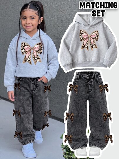 Young Girls Set New Autumn/Winter Casual Fashion Minimalist Versatile Washed Black Denim Straight Leg Pants + Hoodie Set, Leopard Print Bow Decor Design, Soft Comfortable, Suitable For Autumn/Winter Daily Outings, School, Commuting, Gatherings, Vacations, Back To School Season