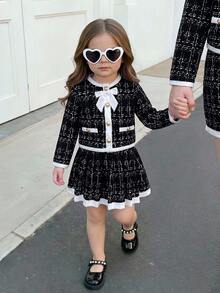 SHEIN Baby Girl Bow Decor Plaid Jacket And Skirt Set - Black - View 3