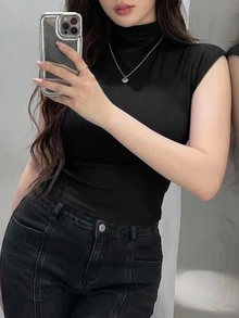 Dazy Plus Solid Color Semi-High Neck Short Sleeve Casual T-Shirt, New Style For Spring, Summer And Early Autumn - Black - View 6