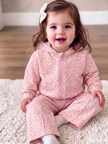 2pcs/Set Baby Girl Pink Leopard Print Zipper Long Sleeve Sweatshirt And Sweatpants Set, Cute Autumn/Winter 2 Pieces Sportswear Outfit - Multicolor - View 4