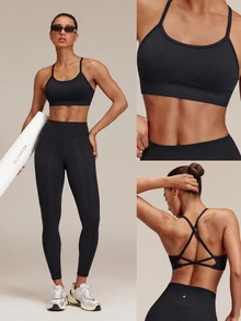 GLOWMODE Seamless Cross The Line Sports Bra With Double Cross-Back Design & Removable Cups Low Impact Yoga Pilates Studio Active Wear - Black - View 8