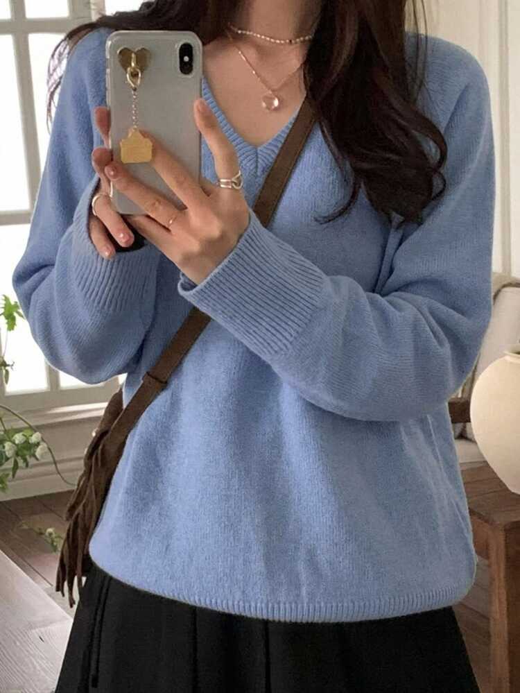 DAZY Women's Solid Color Long Sleeve Casual Loose V-Neck Pullover Sweater - Blue - View 1