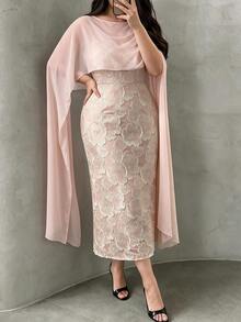Elenzga Women's Plus Size Luxury Elegant Dress, Embossed Jacquard Bodycon Skirt With Flowy Tulle Cape Set - Pink - View 4