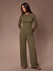 Lazeform Women's Casual Green Striped Crew Neck Long Sleeve Pajama Set, Knitted Elastic Textured Pleated Top + Wide Leg Pants, 2 Pieces Loungewear - Army Green - View 5