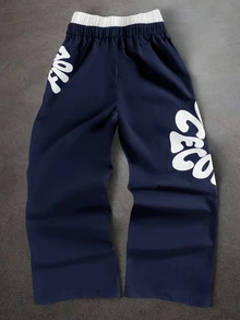 SHEIN Celana Panjang Anak Laki-Laki Remaja (Tween) Motif Huruf, Pinggang Elastis, Longgar, dan Lebar - Navy Blue - View 3