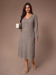 Lazeform Plus Size Women Brown V-Neck Half-Button Front Dropped Shoulder Soft Comfortable Rice Fleece Knit Fabric Casual Daily Home Wear Long Sleeve Nightgown - Brown - View 4