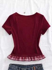 SHEIN 青少年女孩優雅Y2K風格短袖針織上衣，正面鈕扣設計，適合多種場合 - 酒紅色 - 查看 2
