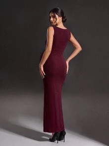 Cheriluna Maternity Burgundy Shiny Fabric Ruched Neck Maternity Portrait Dress, Sleeveless Tank Top Bodycon Split Fishtail, Elegant And Glamorous For Evening Party - Burgundy - View 2