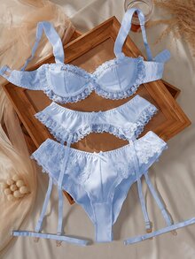 Crystal Vow 4pcs White Lace Patchwork Sexy Lingerie Set - Baby Blue - View 4