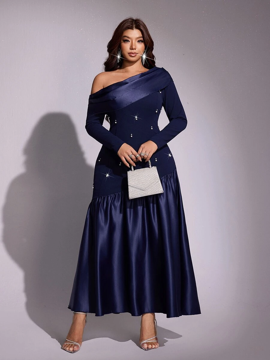 Viva Relle Plus-Size Sexy Asymmetrical Shoulder Pearl And Diamond Dress Fall - Navy Blue - View 1