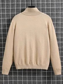 SHEIN 青少年男童休閒舒適百搭純色翻領半拉鍊前開襟針織衫 - 杏色 - 查看 2