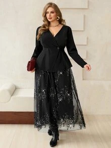 Roveilla Setelan Wanita Ukuran Besar: Blazer Tanpa Kerah + Rok Berpayet - Hitam - View 7