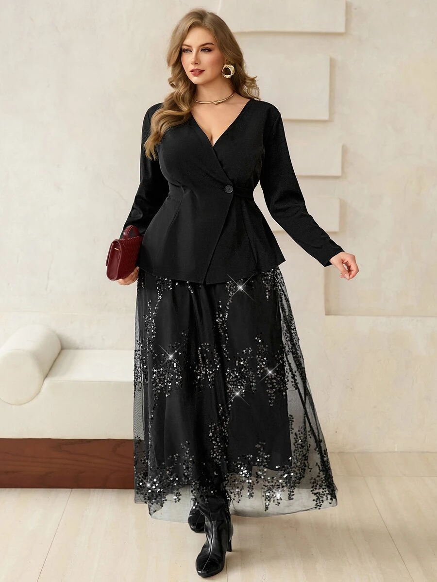 Roveilla Plus Size Collarless Blazer + Sequin Skirt Women's Suit Set - Black - View 1