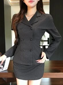 DAZY Autumn/Winter Double-Breasted Shawl Collar Waist-Cinching Wool Blazer & Bodycon Short Skirt Elegant Commute Date Office Women 2 Pieces Set - Grey - View 8