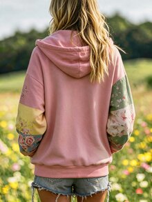 Selamara Women's Vintage Sweet Pink Tone Multi-Color Patchwork Oil Painting Rose Print Long Sleeve Sweatshirt, Drawstring Hood Loose Fit Flattering Long Sleeve Versatile Casual Commute Zip-Up Sweatshirt - Pink - View 2