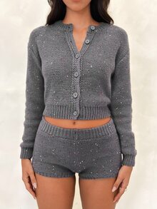 BAD SUNDAY Women's Fitted Lazy Home Sequin Sweater 2 Pieces Set, Y2K Style, Autumn/Winter - Dark Grey - View 6