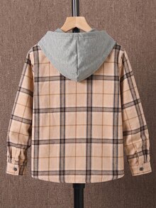 SHEIN Vacaura 青少年男孩格紋長袖單排扣口袋連帽襯衫，秋季 - 卡其色 - 查看 2