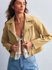 Willow Rêve Women's Solid Color Long Sleeve Lapel Zipper Asymmetric Design Cropped Jacket - Khaki - View 4