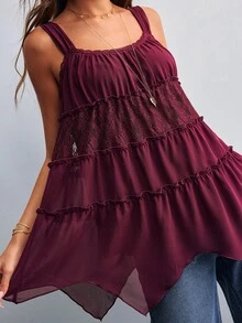 Willow Rêve Women's Lace Patchwork Purple Chiffon Camisole Long Shirt - Purple - View 1