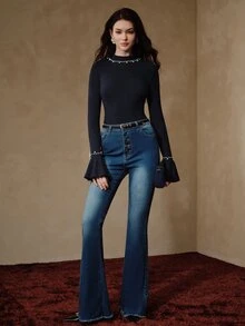 Anewsta Women's New Small Stand Collar Bell Sleeve Rhinestone Embellished Elegant Versatile Long Sleeve Base Layer Top - Royal Blue - View 6