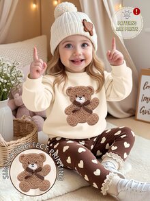 Baby Girls Bear Cartoon Sweatshirt & Lace Trim Leggings Set, Heart Print, Cream & Brown (2 Pcs) Fall Winter - Multicolor - View 1