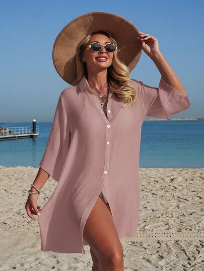 Swim Vcay قميص كارديجان نسائي صيفي بأسلوب أوروبي وأمريكي للعطلات، لون سادة، منسوج، بياقة واقفة، أكمام 3/4، تصميم بسيط فضفاض وكاجوال بطول متوسط