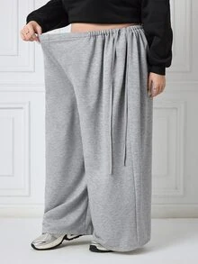 SHEIN CURVE+ Plus Size Women's Solid Color Side Waist Knot Wide Leg Pants, Casual Versatile All-Match Style For Autumn/Winter, Suitable For Daily Wear - Grey - View 4