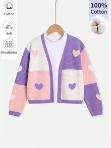 Tween Girls Heart Colorblock Knit Cardigan V-Neck Short Contrast Heart Pattern Sweater Jacket, Stylish Autumn/Winter Knit Top For Girls, Suitable For Daily Wear, School, Travel, Vacation, Party And Photo Shoots - Purple - View 4