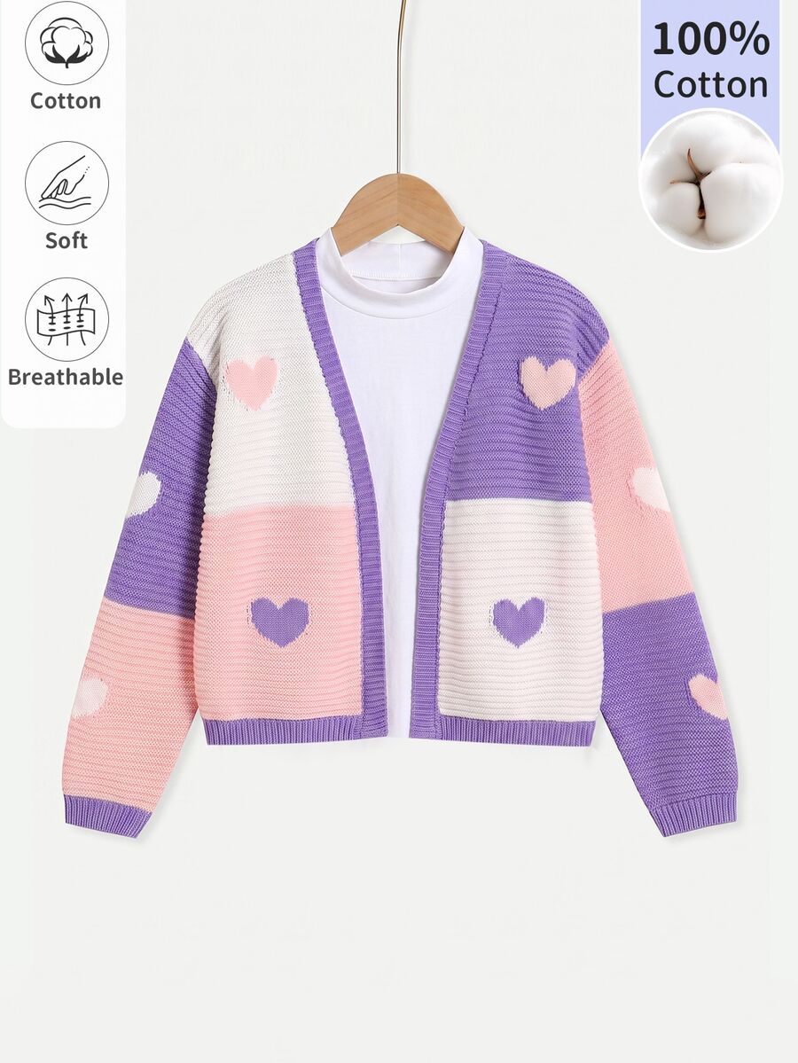 Cardigan Rajut Warna-warni Motif Hati, Leher V, Jaket Sweater Pendek dengan Pola Hati Kontras, Atasan Rajut Musim Gugur/Dingin yang Bergaya untuk Anak Perempuan, Cocok untuk Pemakaian Sehari-hari, Sekolah, Perjalanan, Liburan, Pesta, dan Pemotretan - Purple - View 1