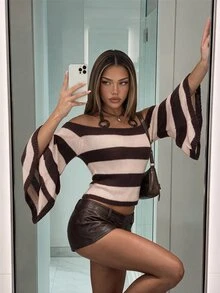SHEIN ICON Women's Striped Halterneck Halter Neck Bell Sleeve Fashion Sweater - Brown - View 1