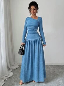 GlowEve Women's Fashion Asymmetrical Neckline Ruched Denim Dress - Blue - View 5