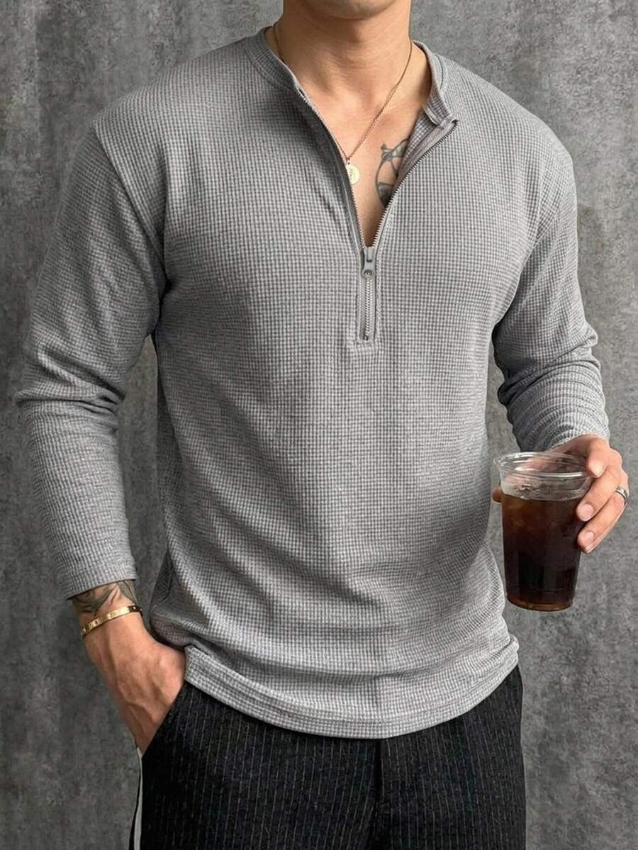 DAZY Spring/Autumn Solid Gray Floral Crew Neck Half-Zip Long Sleeve Men's Top - Grey - View 1